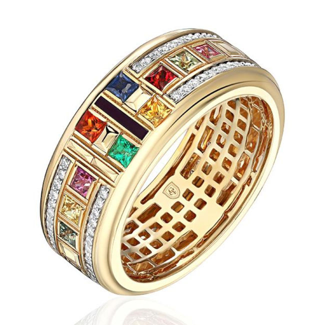 Кольцо из желтого золота 585 пробы с изумрудом, сапфирами, бриллиантами и эмалью 01К6316636Э-1