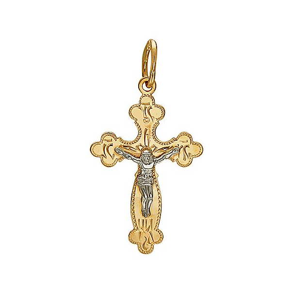 Крест нательный из комбинированного золота 585 пробы без вставок 01Р760696Ж