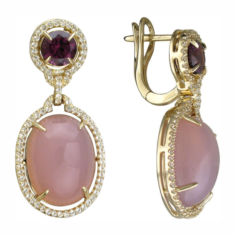 Серьги из желтого золота 585 пробы с топазами, родолитами и агатами 01С3312289-1