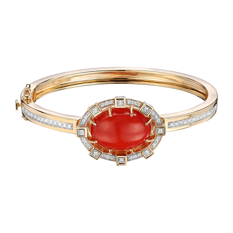 Браслет конго из желтого золота 585 пробы с кораллом и бриллиантами 01Б632737