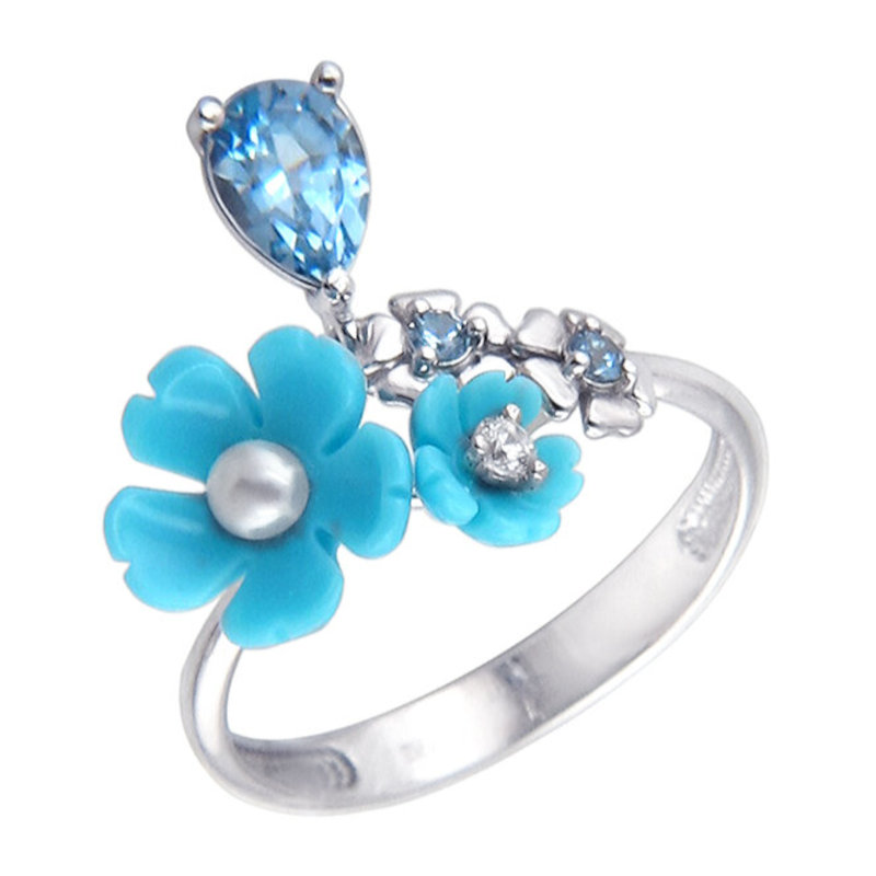 Кольцо из серебра 925 пробы с фианитом, шпинелью, нанотопазом, имитацией бирюзы и жемчугом 01К3511204-1