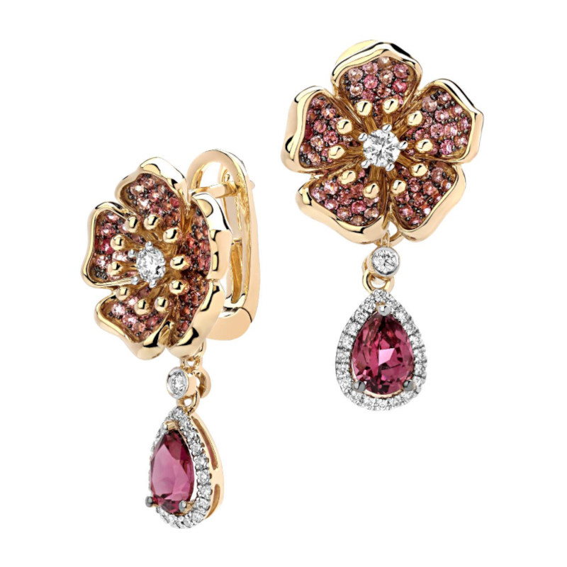 Серьги из желтого золота 585 пробы с турмалинами, родолитами и бриллиантами 01С6314575-4