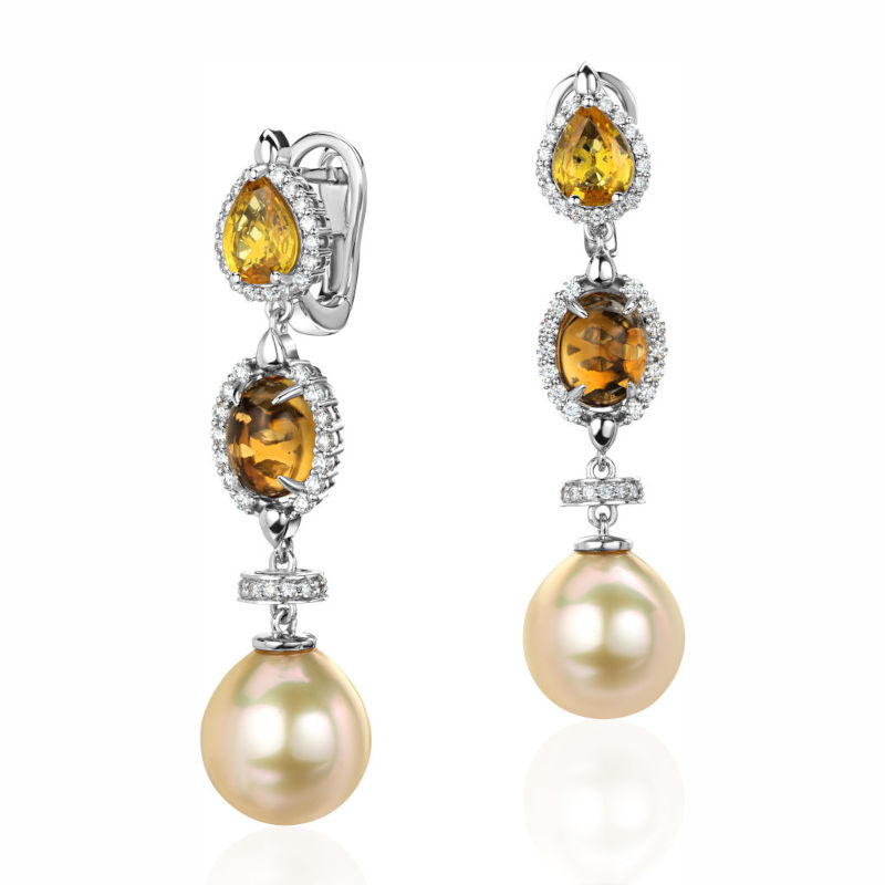 Серьги из белого золота 585 пробы с сапфирами, цитринами, жемчугом и бриллиантами 01С6214795-1