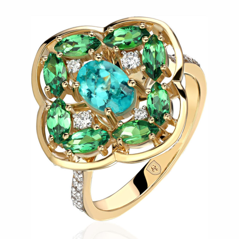 Кольцо из желтого золота 585 пробы с апатитом, тсаворитами и бриллиантами 01К6314777-1