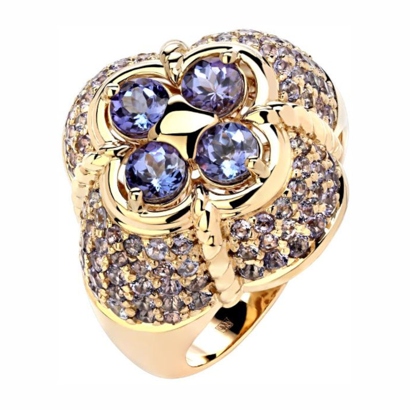 Кольцо из желтого золота 585 пробы с танзанитами 01К3313307-1