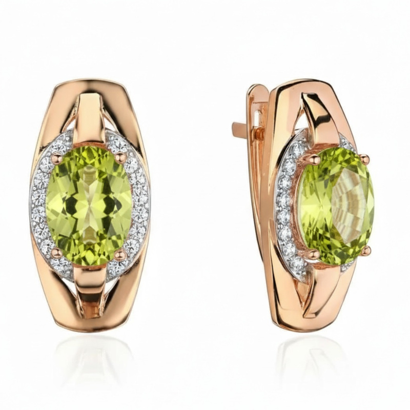 Серьги из красного золота 585 пробы с хризолитами и фианитами 01С3116571Р-5