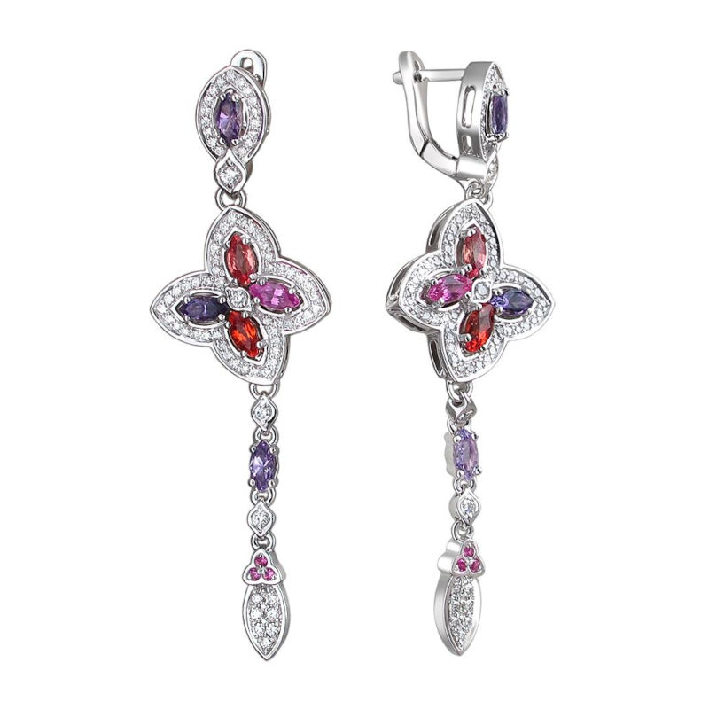 Серьги из белого золота 585 пробы с сапфирами, аметистами и бриллиантами 01С6291068-1