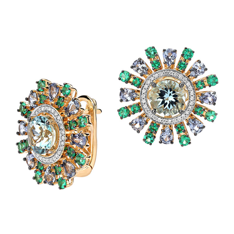 Серьги из желтого золота 585 пробы с сапфирами, аквамаринами, изумрудами и бриллиантами 01С6311591-2