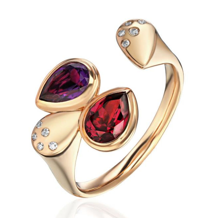 Кольцо из красного золота 585 пробы родолитом, аметистом и бриллиантами 01К6116545-1