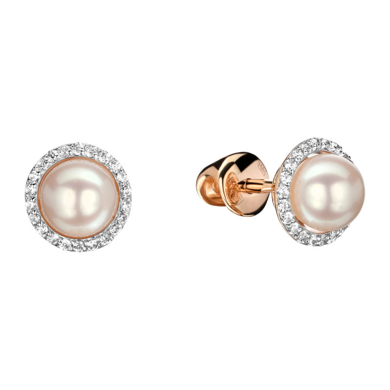 Серьги из красного золота 585 пробы с жемчугом и фианитами 01С3111541-1