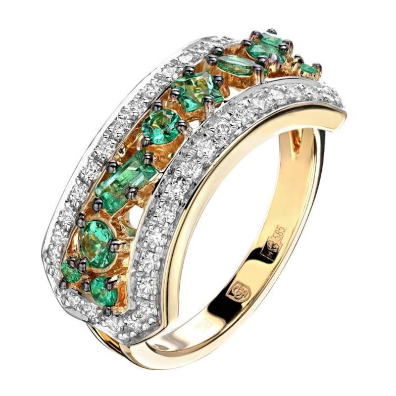 Кольцо из желтого золота 750 пробы с бриллиантами и изумрудами 01К6313457-1