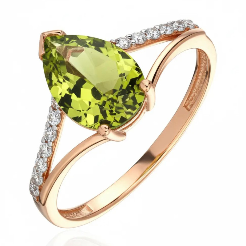 Кольцо из красного золота 585 пробы с хризолитом и фианитами 01К3116565Р-5