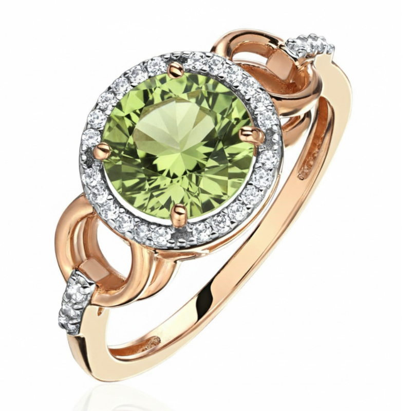 Кольцо из красного золота 585 пробы с хризолитом и фианитами 01К3116435-4