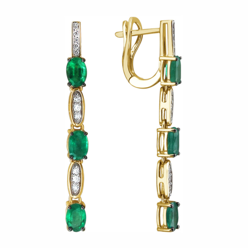 Серьги из желтого золота 585 пробы с изумрудами и бриллиантами 01С6313398-1 Серьги из желтого золота 585 пробы с изумрудами и бриллиантами 01С6313398-1