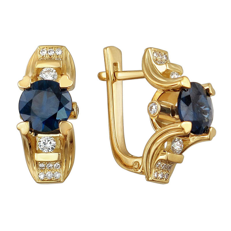 Серьги из желтого золота 750 пробы с сапфирами и бриллиантами 01С646314-1 Серьги из желтого золота 750 пробы с сапфирами и бриллиантами 01С646314-1