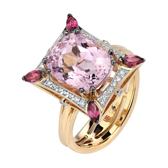 Кольцо из желтого золота 585 пробы с кунцитом, родолитами и бриллиантами 01К6314320-1