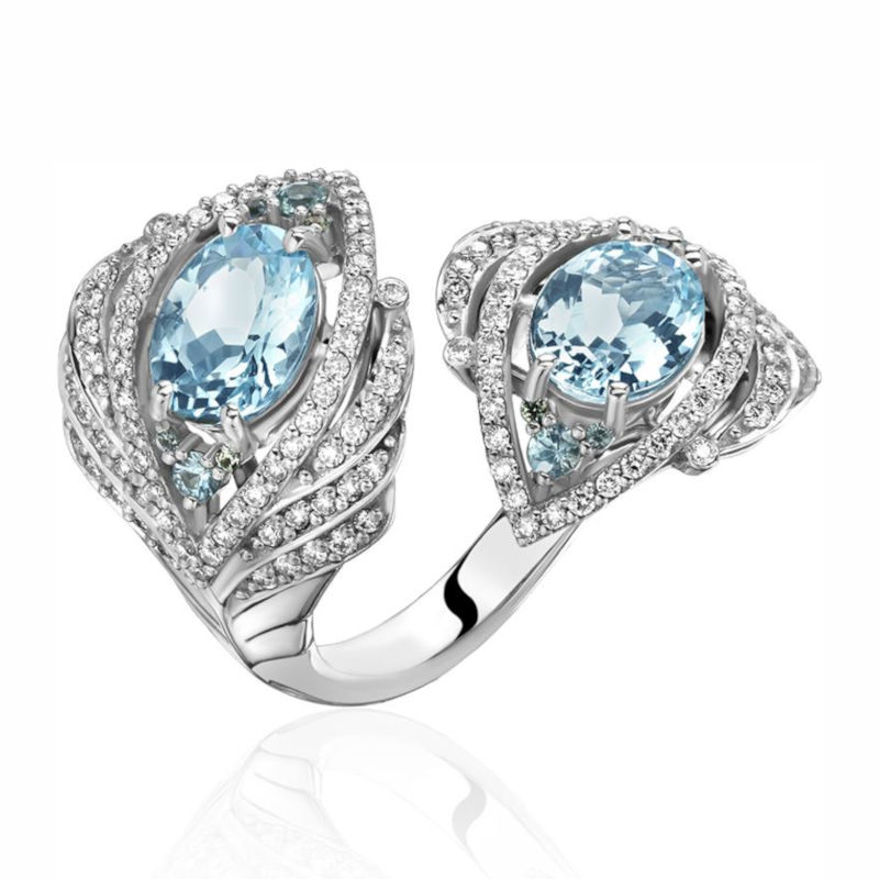 Кольцо из белого золота 585 пробы с аквамаринами, сапфирами и бриллиантами 01К6216249-1