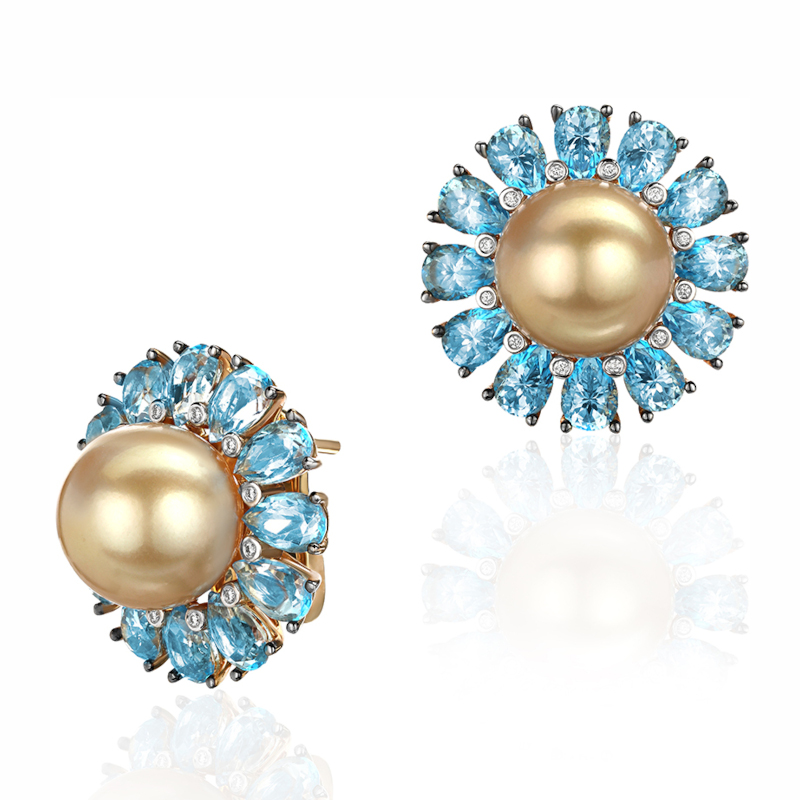 Серьги из желтого золота 585 пробы с топазами, жемчугом и бриллиантами 01С6311959-2 Серьги из желтого золота 585 пробы с топазами, жемчугом и бриллиантами 01С6311959-2