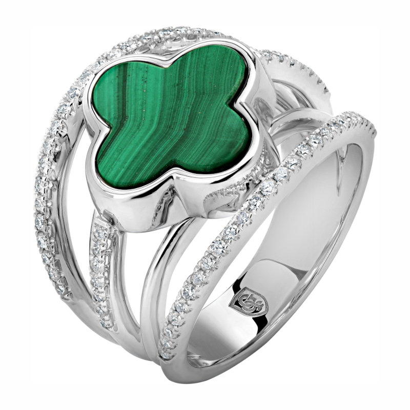 Кольцо из белого золота 585 пробы с малахитом и бриллиантами 01К6213310-1 Кольцо из белого золота 585 пробы с малахитом и бриллиантами 01К6213310-1