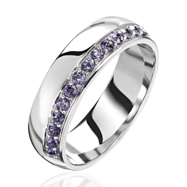 Кольцо обручальное из белого золота 585 пробы с иолитом 01О320330-1