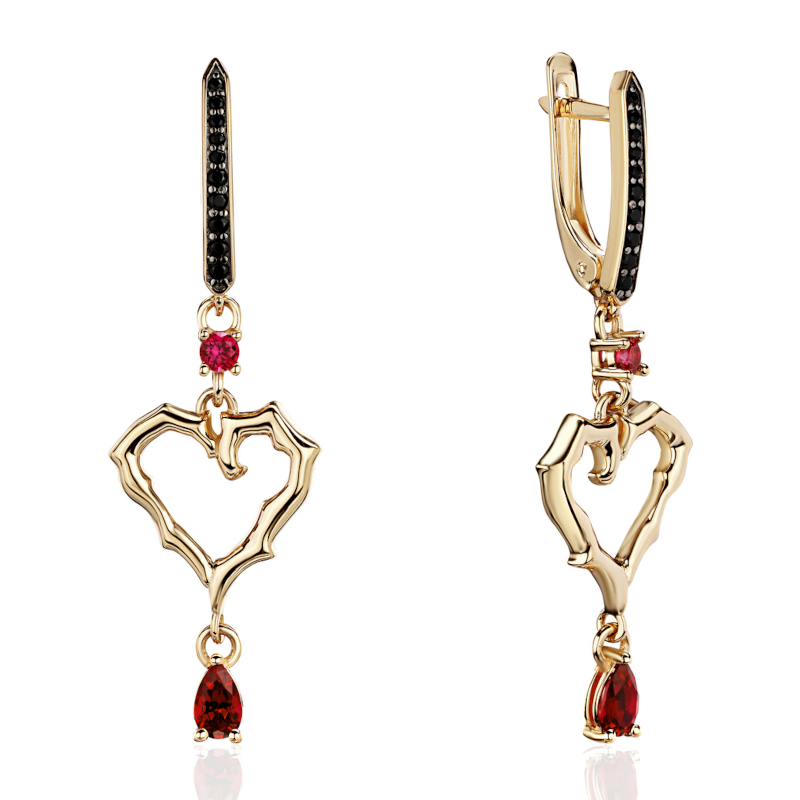 Серьги из желтого золота 585 пробы с корундом, рубинами и наношпинелью 01С2315076ЧР-1