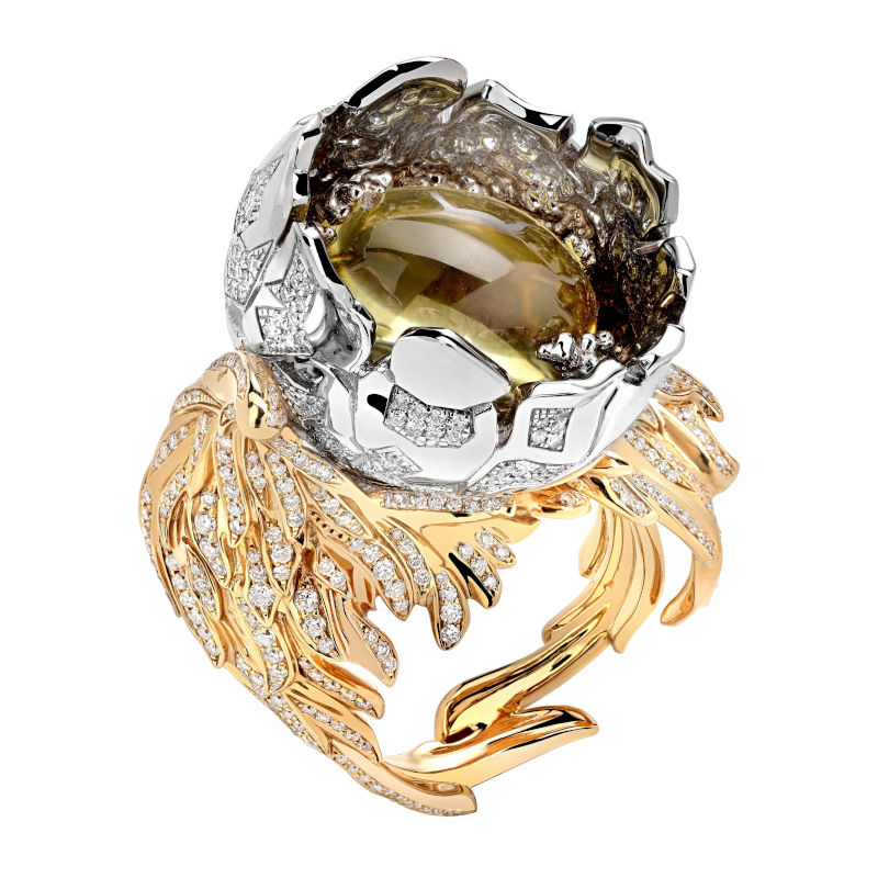 Кольцо из комбинированного золота 585 пробы с цитрином и бриллиантами 01К666785LЖ-1