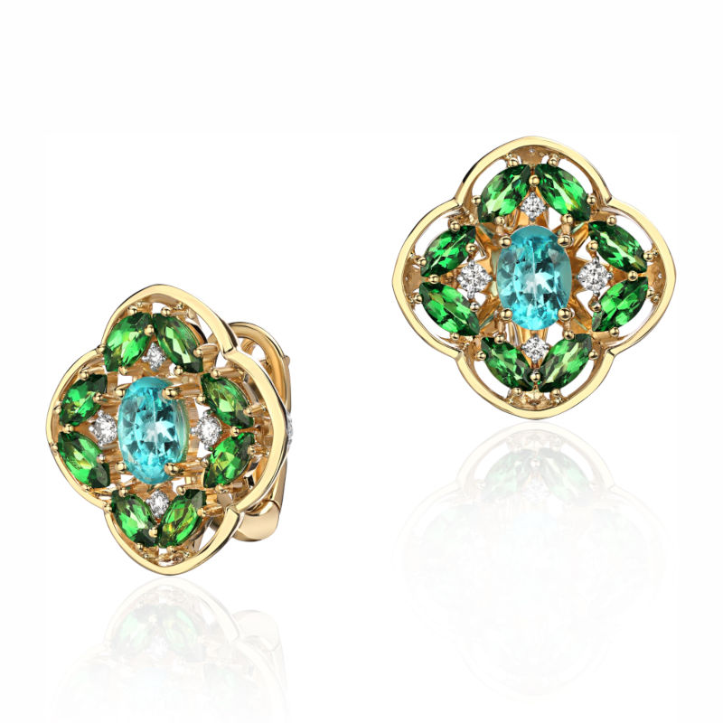Серьги из желтого золота 585 пробы с тсаворитами, апатитами и бриллиантами 01С6314777-1
