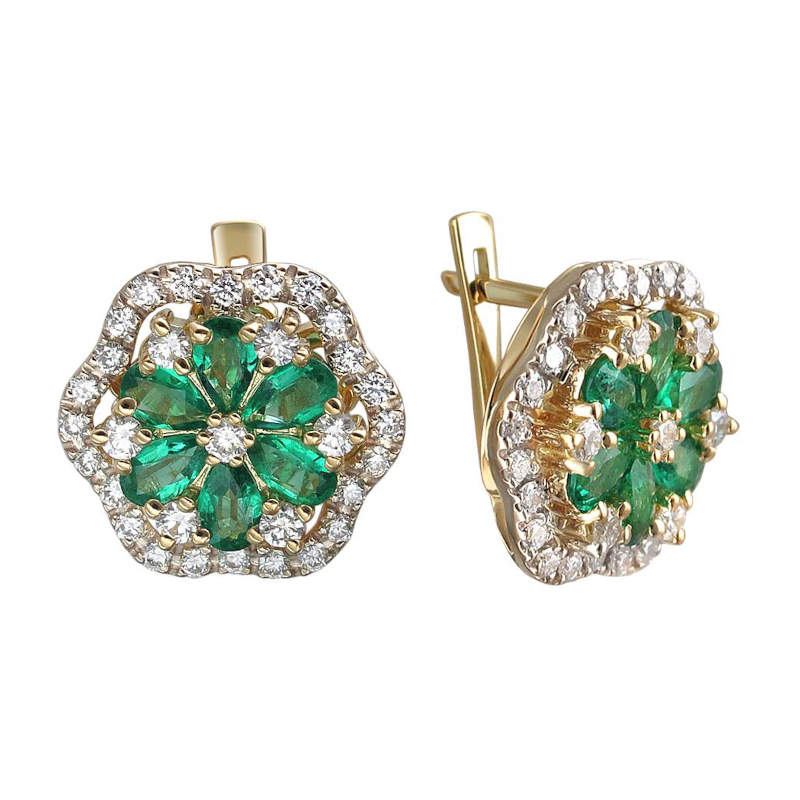 Серьги из комбинированного золота 750 пробы с изумрудами и бриллиантами 01С682359-1 Серьги из комбинированного золота 750 пробы с изумрудами и бриллиантами 01С682359-1