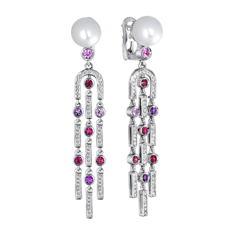 Серьги из белого золота 585 пробы с сапфирами, родолитами, жемчугом, аметистами и бриллиантами 01С6212020-1