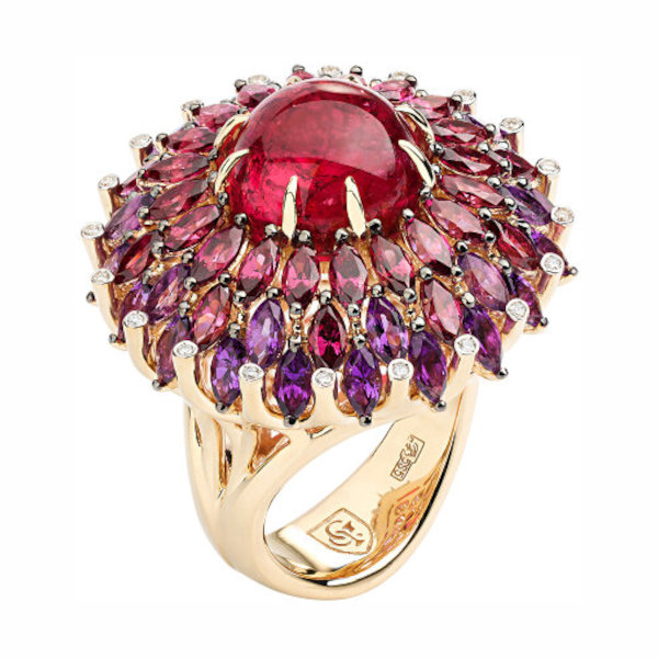 Кольцо из желтого золота 585 пробы с турмалинами, родолитами, гранатами и бриллиантами 01К6311220-1 Кольцо из желтого золота 585 пробы с турмалинами, родолитами, гранатами и бриллиантами 01К6311220-1