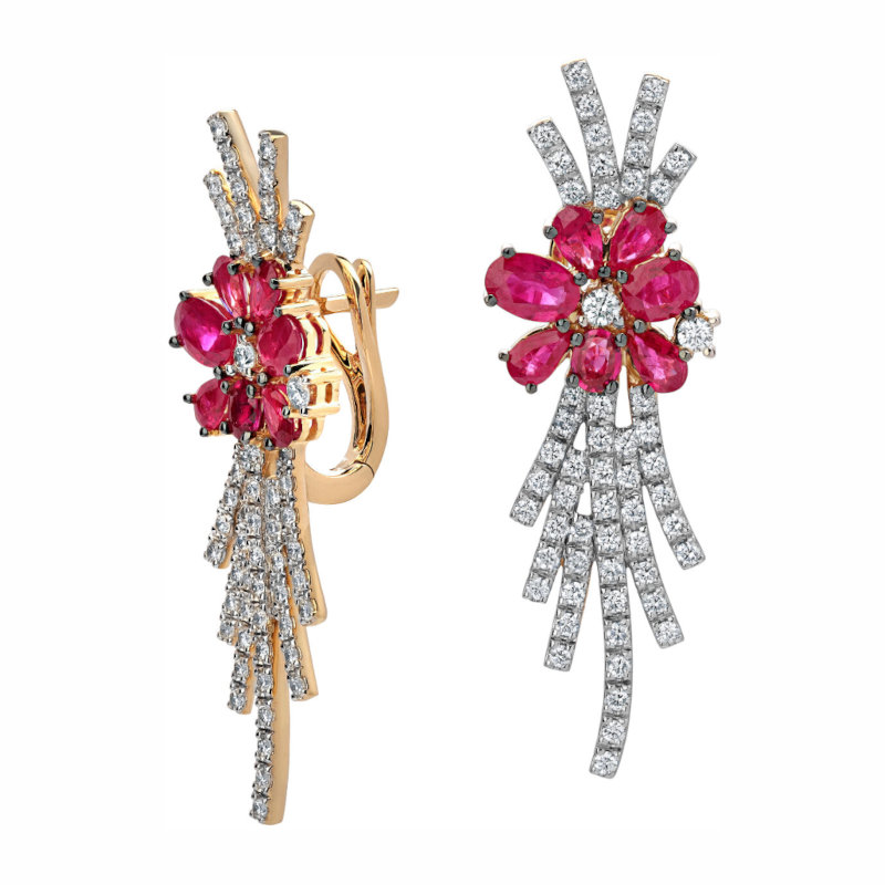 Серьги из желтого золота 585 пробы с рубинами и бриллиантами 01С6313350-1