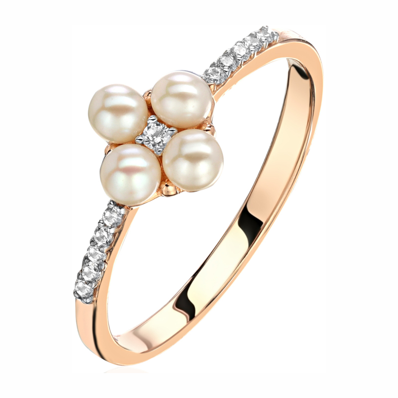 Кольцо из красного золота 585 пробы с фианитами и жемчугом 01К3114284-1