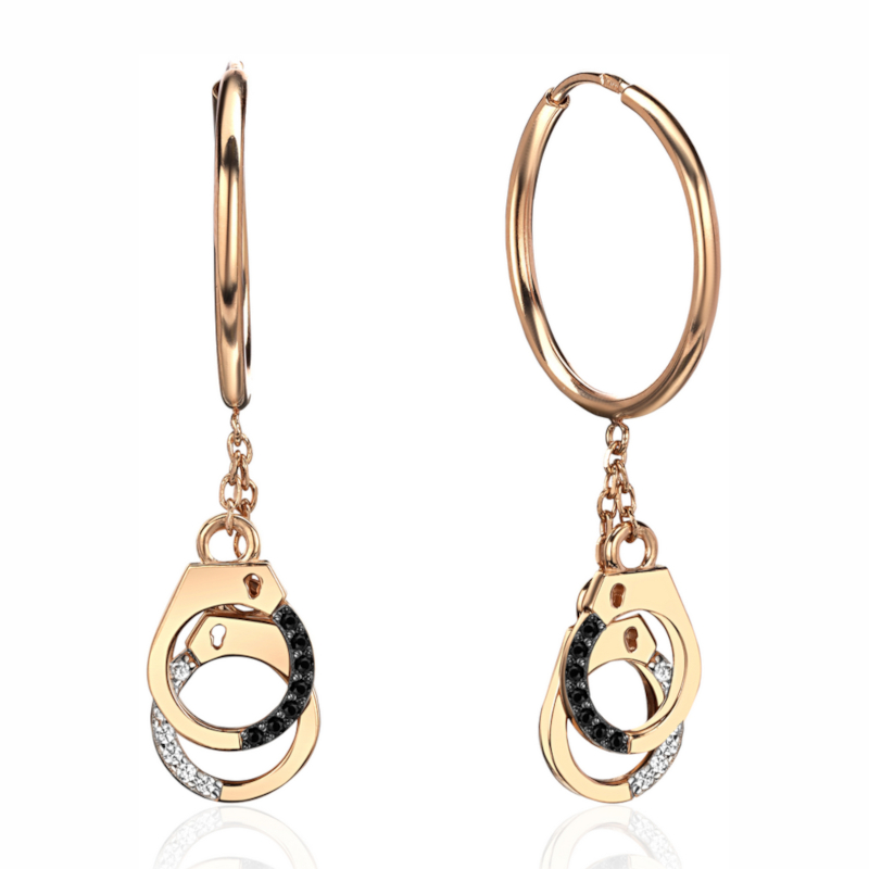 Серьги "Наручники" из красного золота 585 пробы с наношпинелью и фианитами 01С2114501ЧР-1