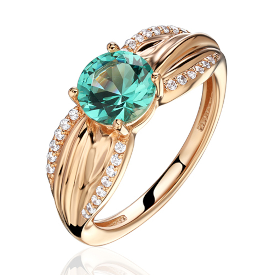 Кольцо из красного золота 585 пробы с наноситал турмалином и фианитами 01К2115349-4