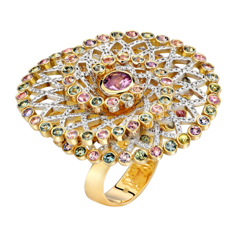 Кольцо из желтого золота 750 пробы с сапфирами и бриллиантами 01К647866-1