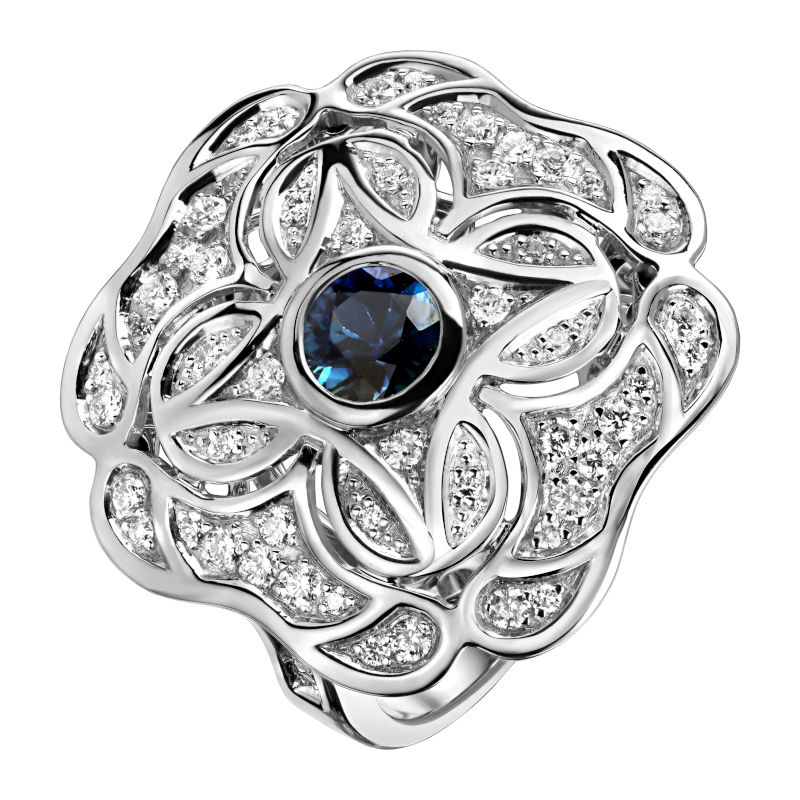 Кольцо из белого золота 585 пробы с бриллиантами и сапфиром 01К6212105-3