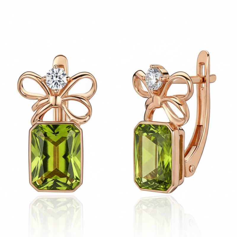 Серьги из красного золота 585 пробы с хризолитами и фианитами 01С3116568-5