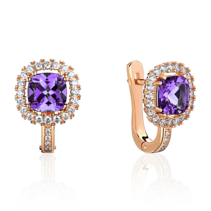 Серьги из красного золота 585 пробы с аметистами и фианитами 01С3115438-5