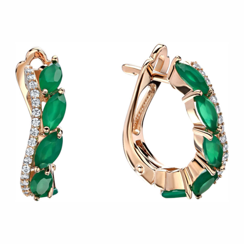 Серьги из красного золота 585 пробы с зелеными агатами и фианитами 01С4113968-1