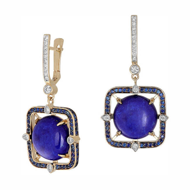 Серьги из желтого золота 585 пробы с сапфирами, лазуритами и бриллиантами 01С6310522-1 Серьги из желтого золота 585 пробы с сапфирами, лазуритами и бриллиантами 01С6310522-1