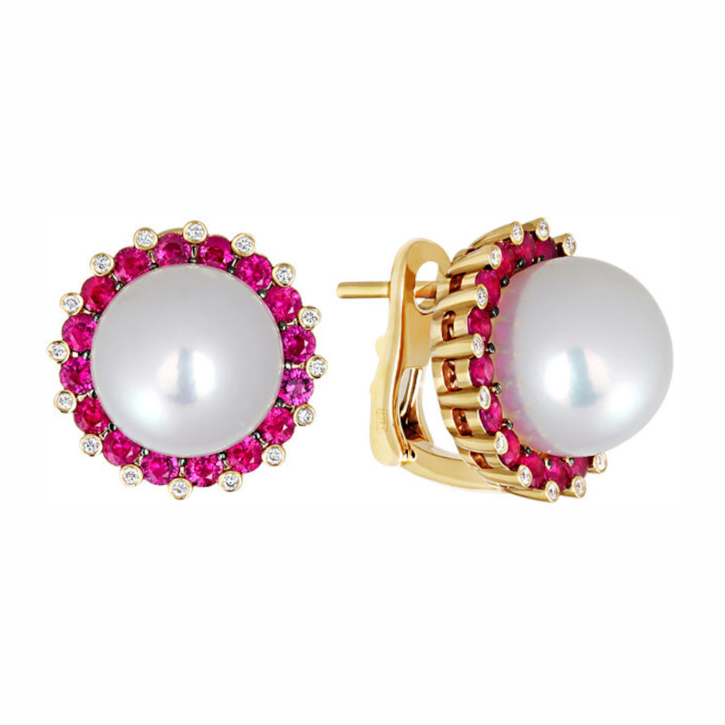 Серьги из желтого золота 585 пробы с рубинами, жемчугом и бриллиантами 01С6311626-1