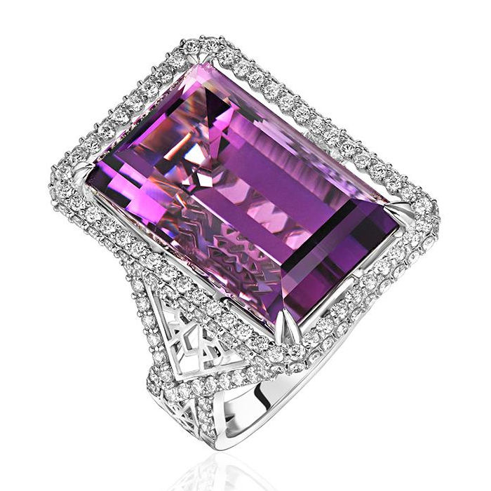 Кольцо из белого золота 585 пробы с аметистом и бриллиантами 01К6214422-2