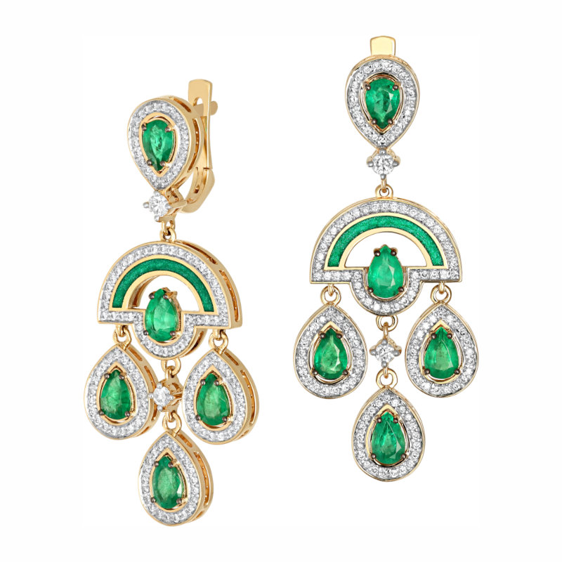 Серьги из желтого золота 585 пробы с изумрудами, бриллиантами и эмалью 01С6312973Э-1