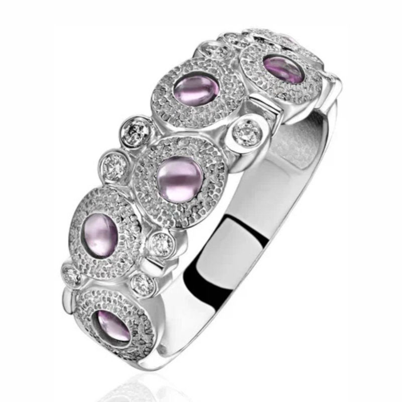 Кольцо из белого золота 585 пробы с бриллиантами и аметистами 01К6215206-4
