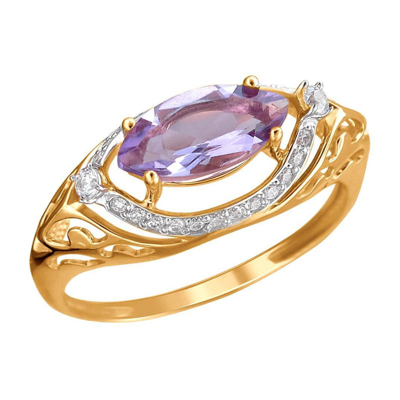 Кольцо из золоченого серебра 925 пробы с фианитами и аметистом 01К3513273РА-1