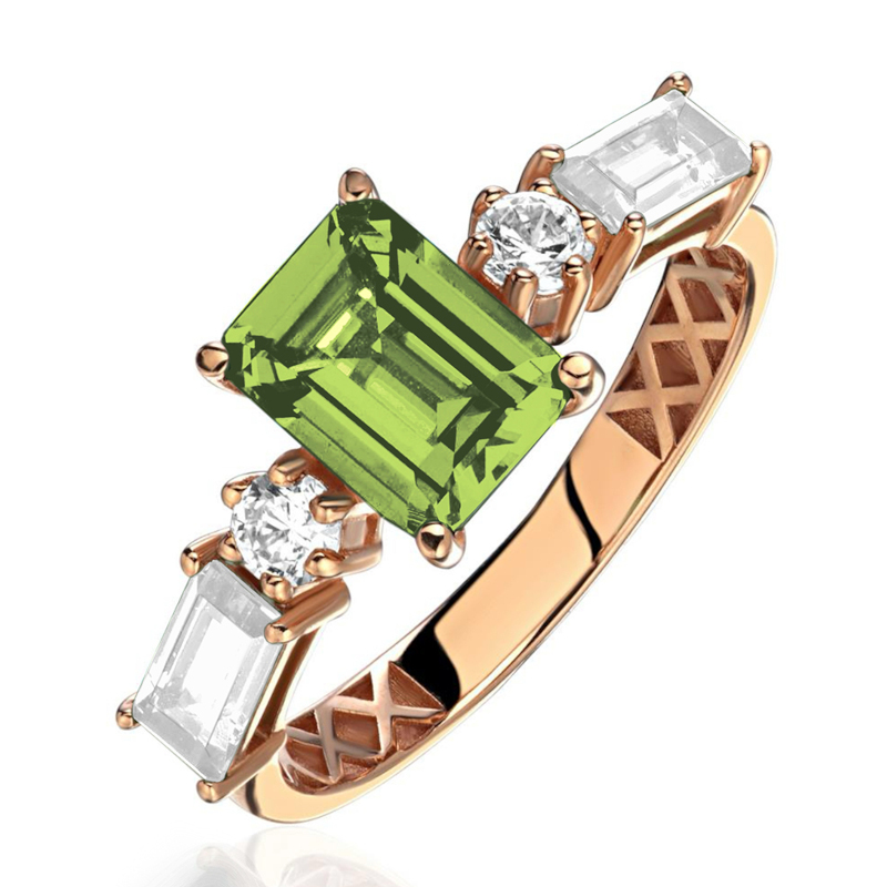 Кольцо из красного золота 585 пробы с хризолитом и фианитами 01К3115762-9