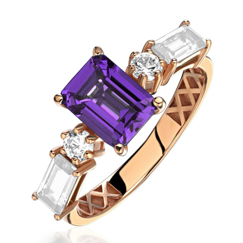 Кольцо из красного золота 585 пробы с аметистом и фианитами 01К3115762-6