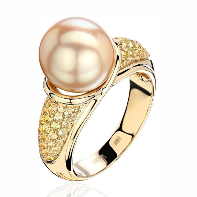 Кольцо из желтого золота 585 пробы с сапфирами и жемчугом 01К5314931-1