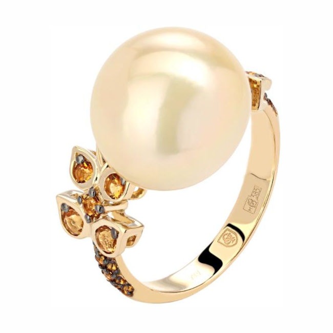 Кольцо из желтого золота 585 пробы с жемчугом и цитринами 01К3311218-1