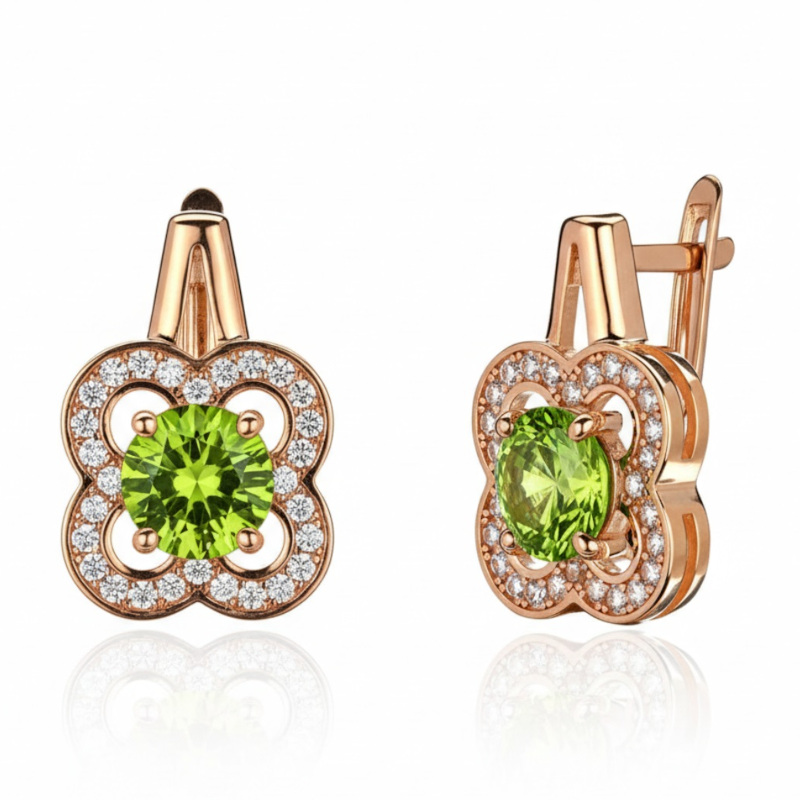 Серьги из красного золота 585 пробы с хризолитами и фианитами 01С3116530-2